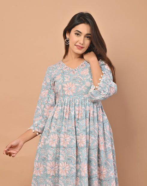 Starling Blue Hand Block Print Pure Cotton Dress (CRD10)